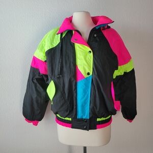 Vintage 80's Puffer Jacket Women's Medium Neon Color Block Heart Star Lined
